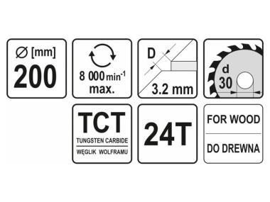 Fűrésztárcsa fához 200x30x2,2mm 24T YATO