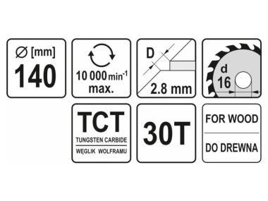 Fűrésztárcsa fához 140x16x2,0mm 30T YATO